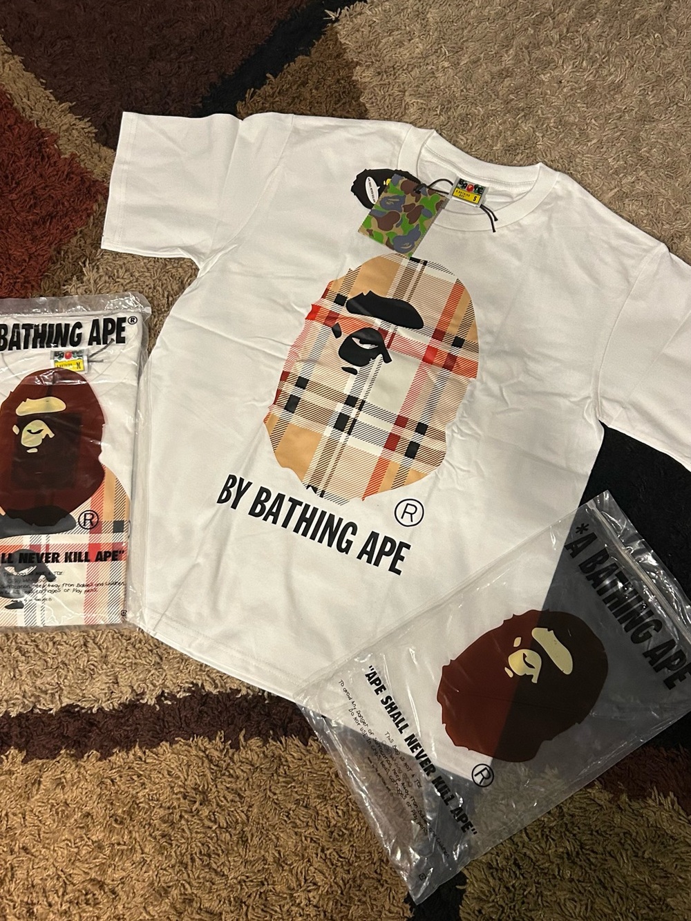 A Bathing Ape White Plaid Logo Tee size S and M